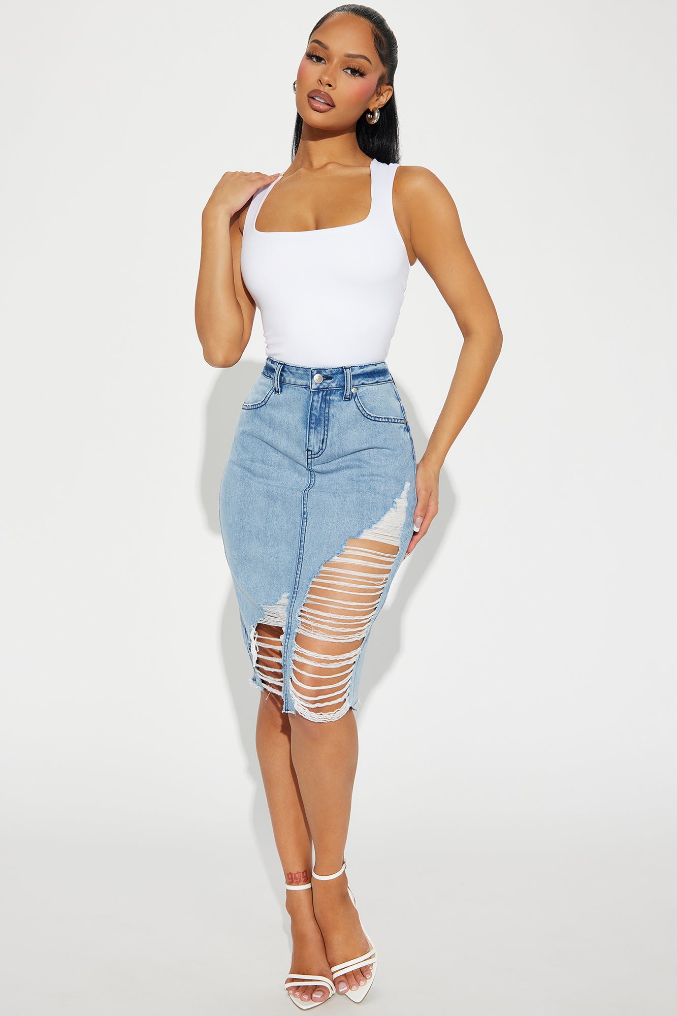 Natasha Distressed Denim Midi Skirt