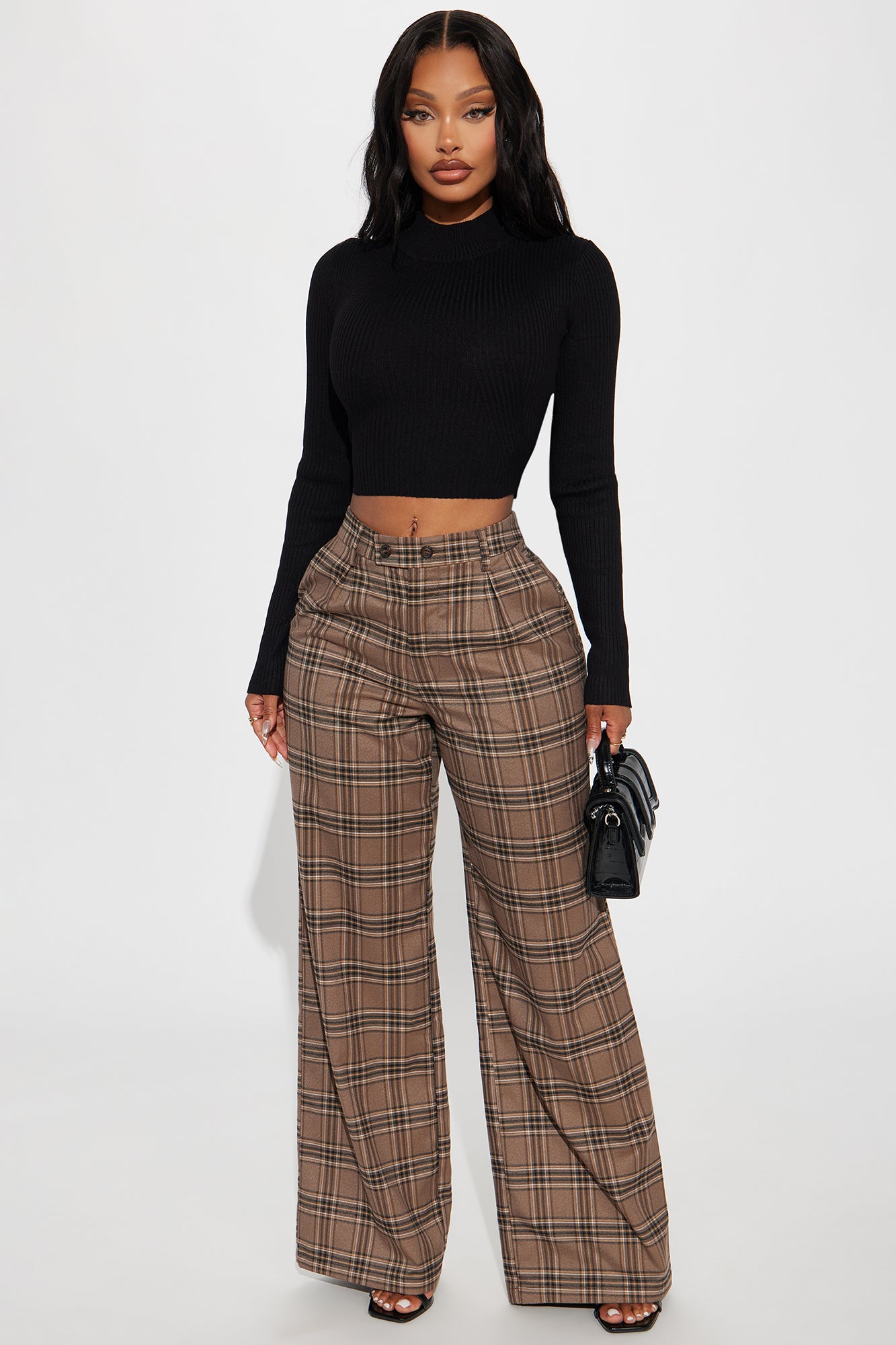 Alaiya Wide Leg Plaid Trouser