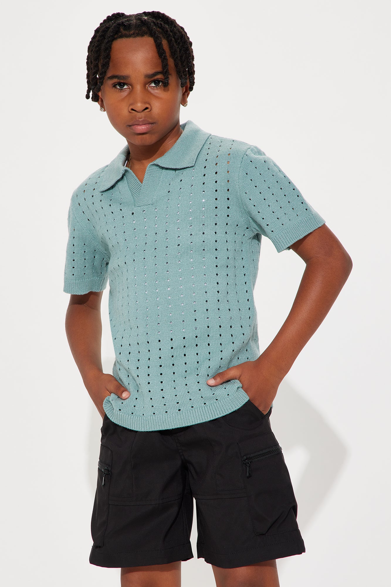 Mini Josie Johnny Collar Open Knit Sweater