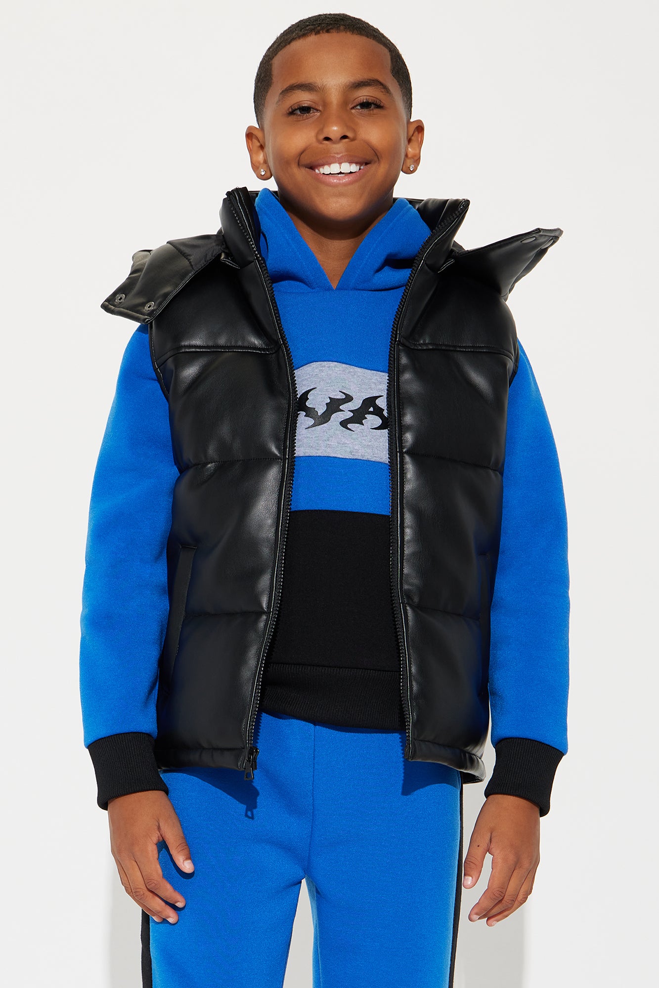 Mini Layer Up Faux Leather Hooded Puffer Vest