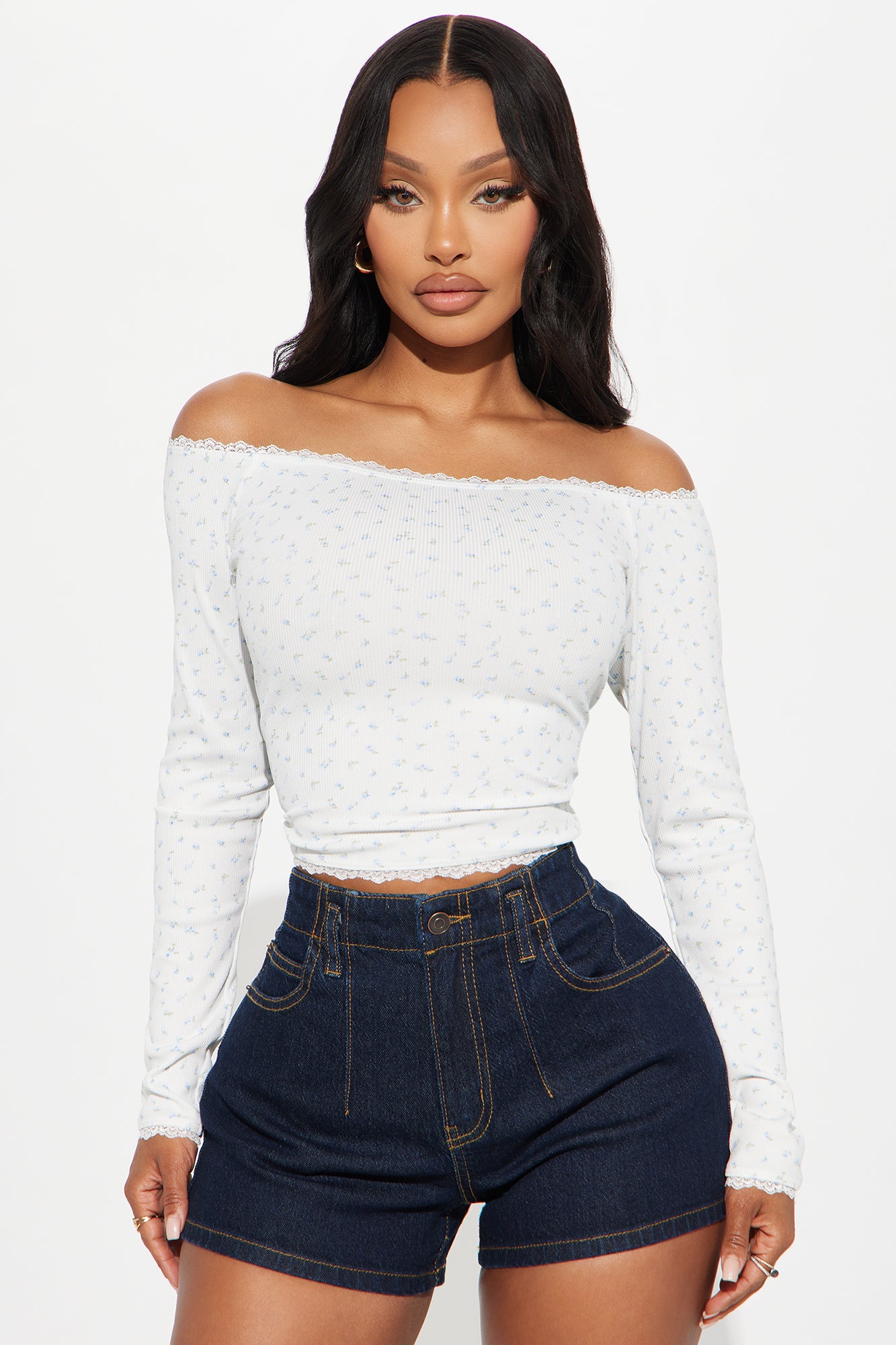 Lia Off Shoulder Lace Trim Ditsy Top