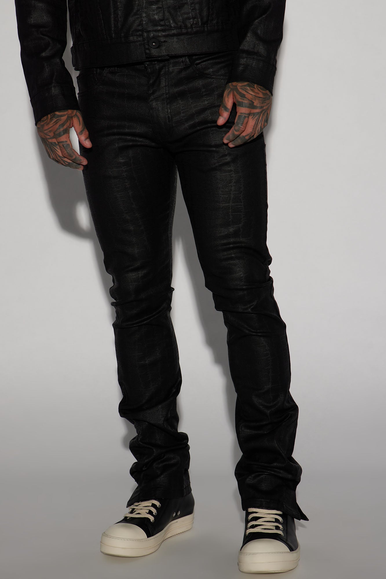 Rebel Like Me Pattern Waxed Stacked Skinny Flare Pants