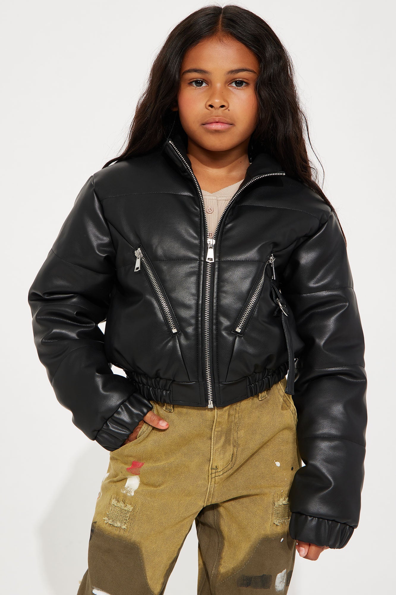 Mini Puff Baby Faux Leather Bomber Jacket