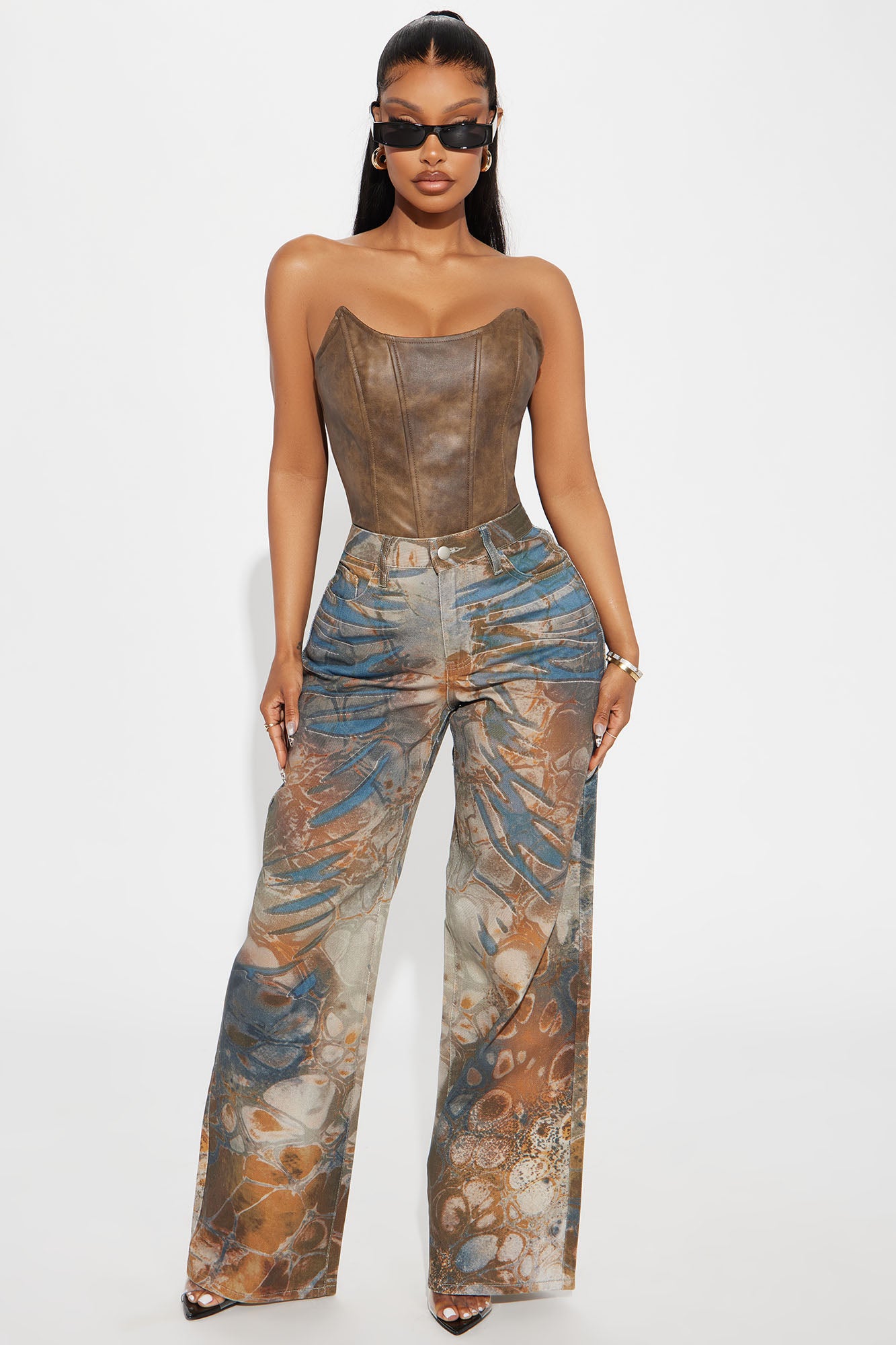 Striking A Chord Abstract Print Wide Leg Jeans