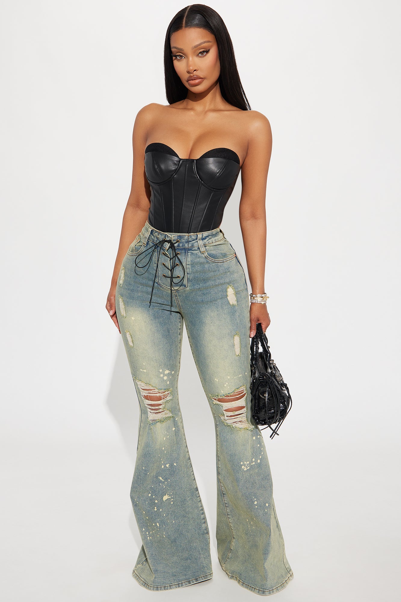 What Im About Stretch Lace Up Tinted Flare Jeans