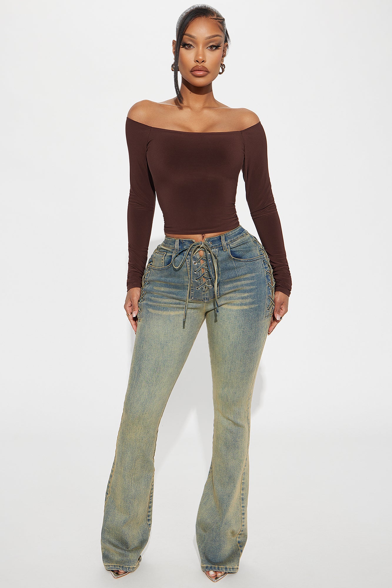 Out In The Town Lace Up Stretch Flare Jeans