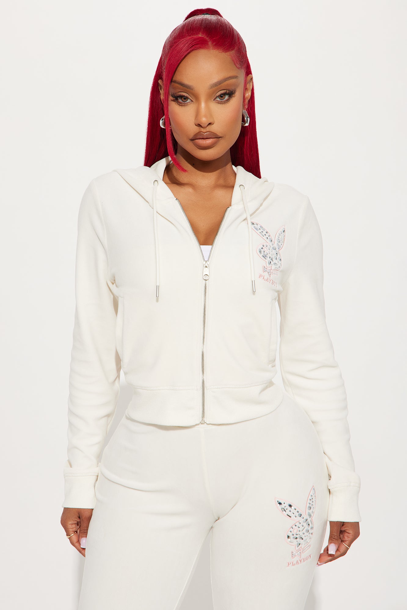 Playboy Rhinestone Velour Zip Front Hoodie