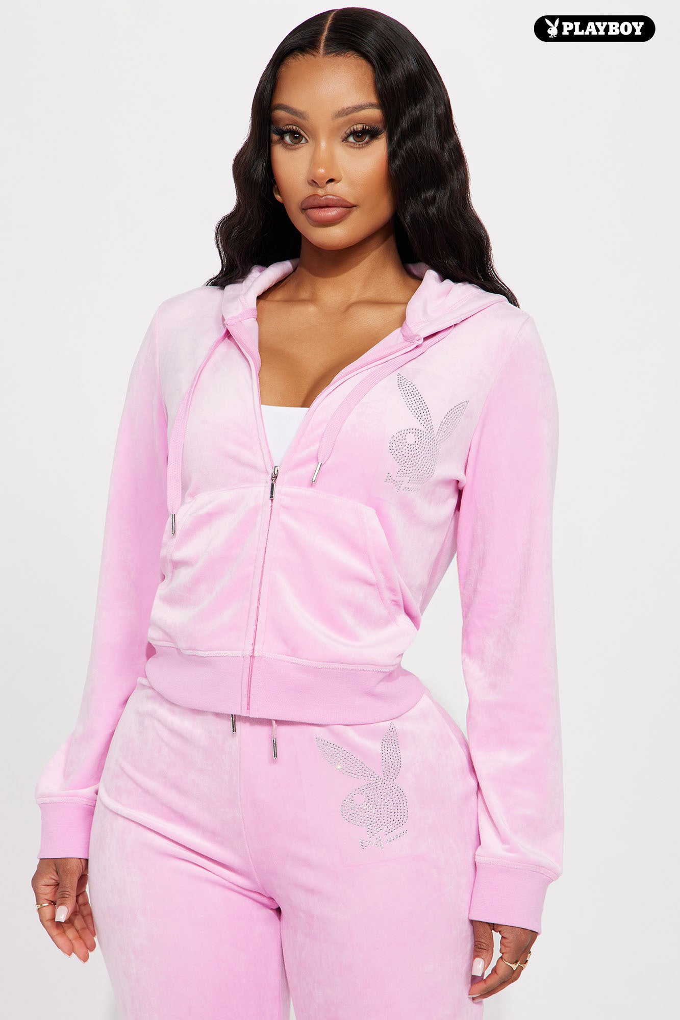 Velour Playboy Zip Font Hoodie