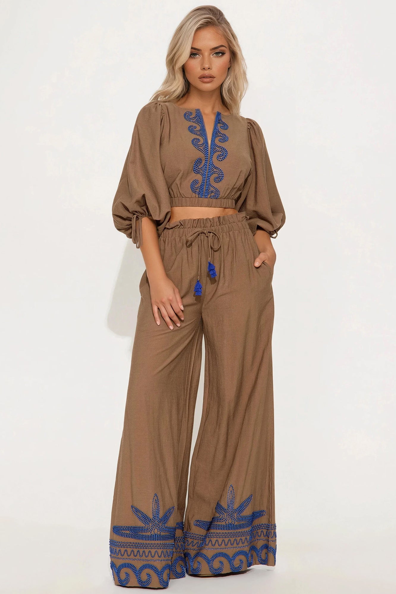 Cecilia Embroidered Linen Pant Set