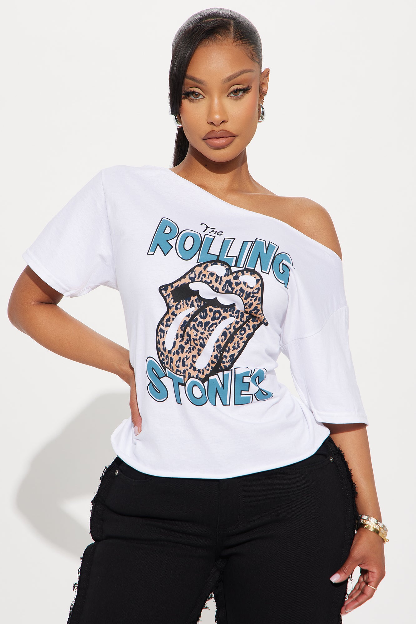 The Rolling Stones Leopard Off Shoulder Top