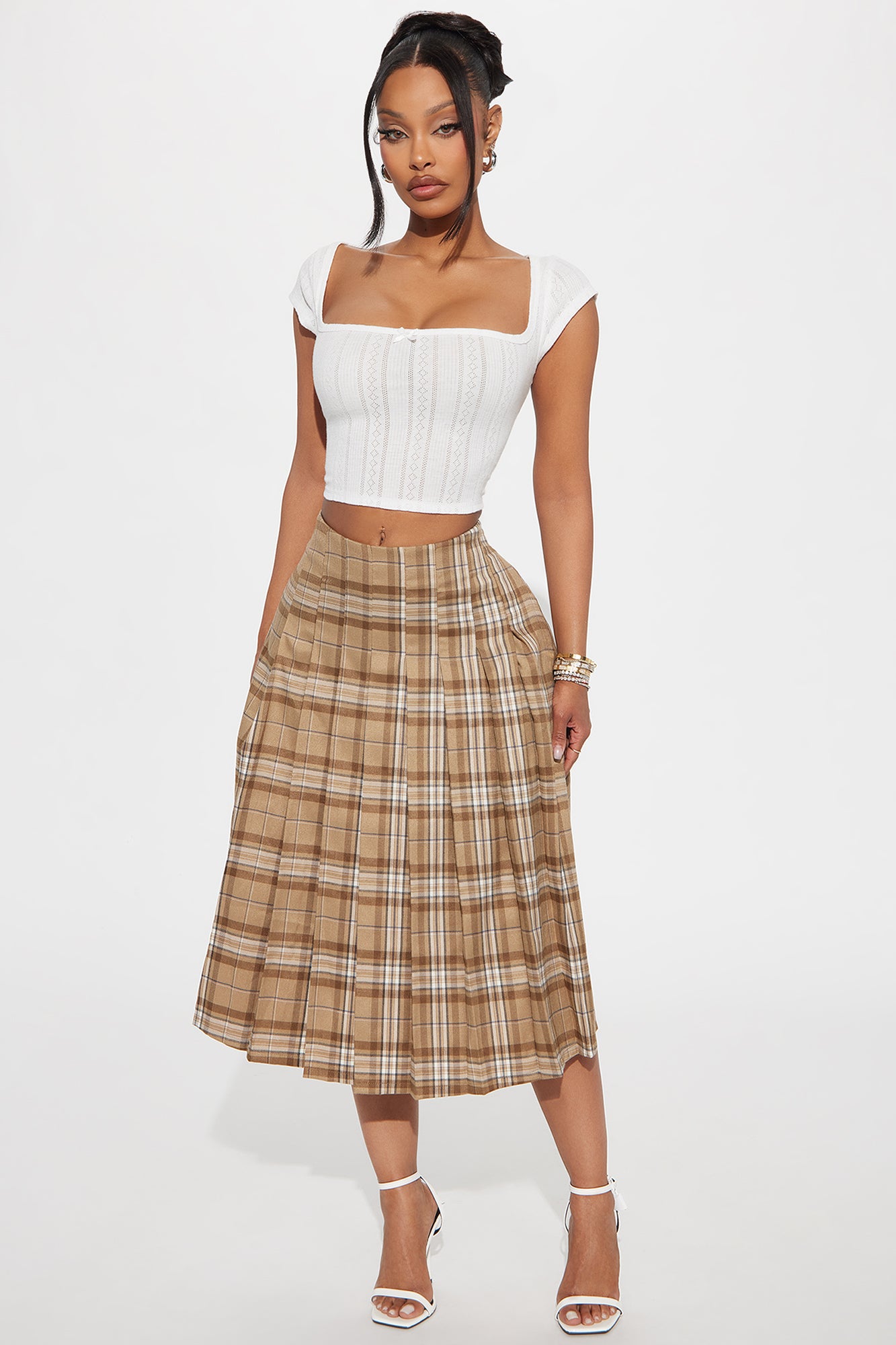 Tasha Pleated Plaid Midi Skirt