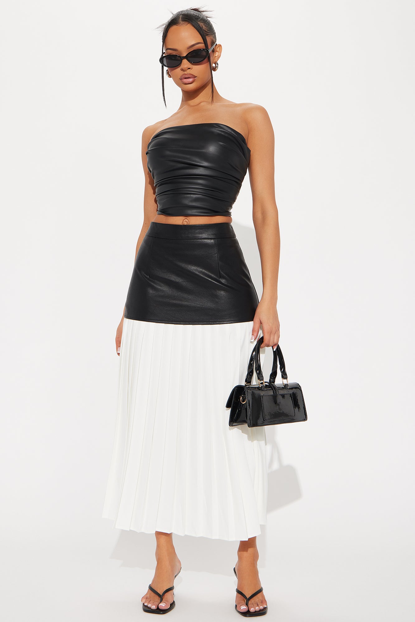 Feminine Era Contrast Faux Leather Midi Skirt