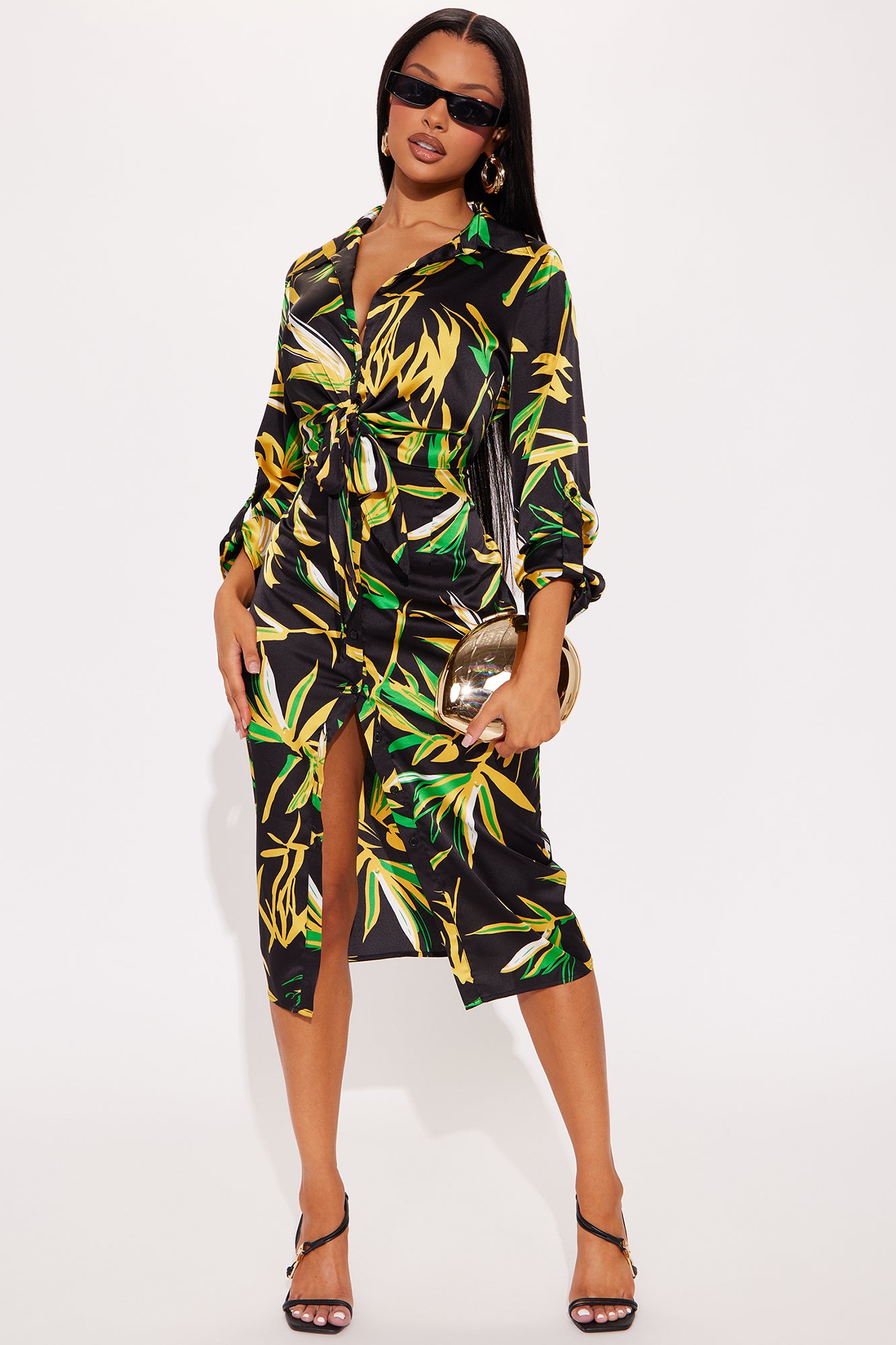 The Tropics Satin Shirt Midi Dress