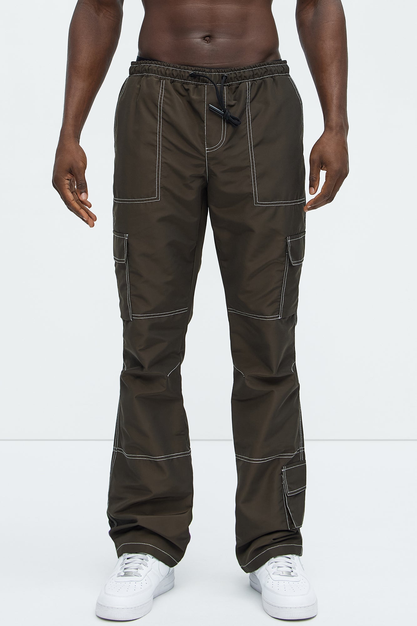 Contrast Stitch Nylon Flared Cargo Pants