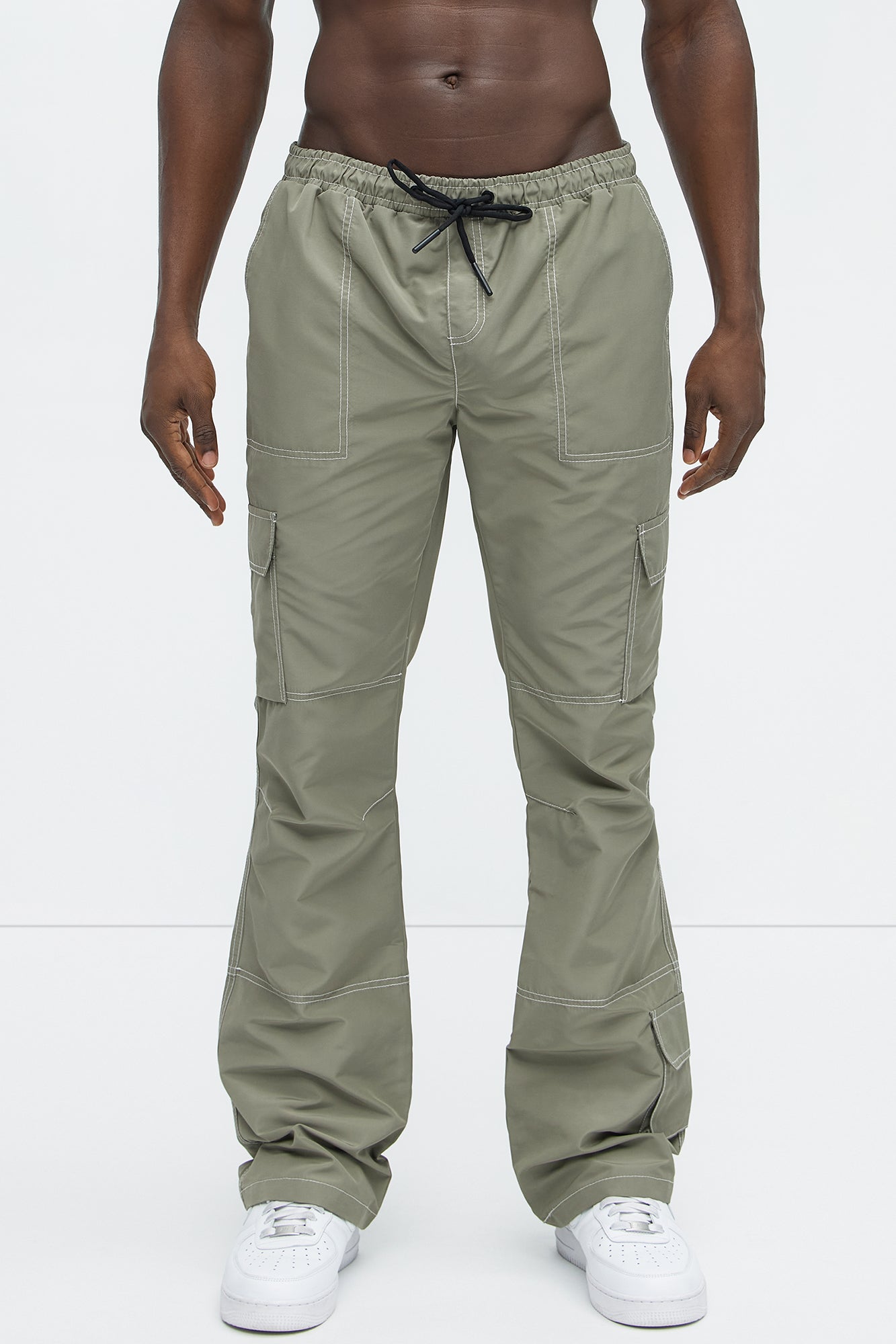 Contrast Stitch Nylon Flared Cargo Pants