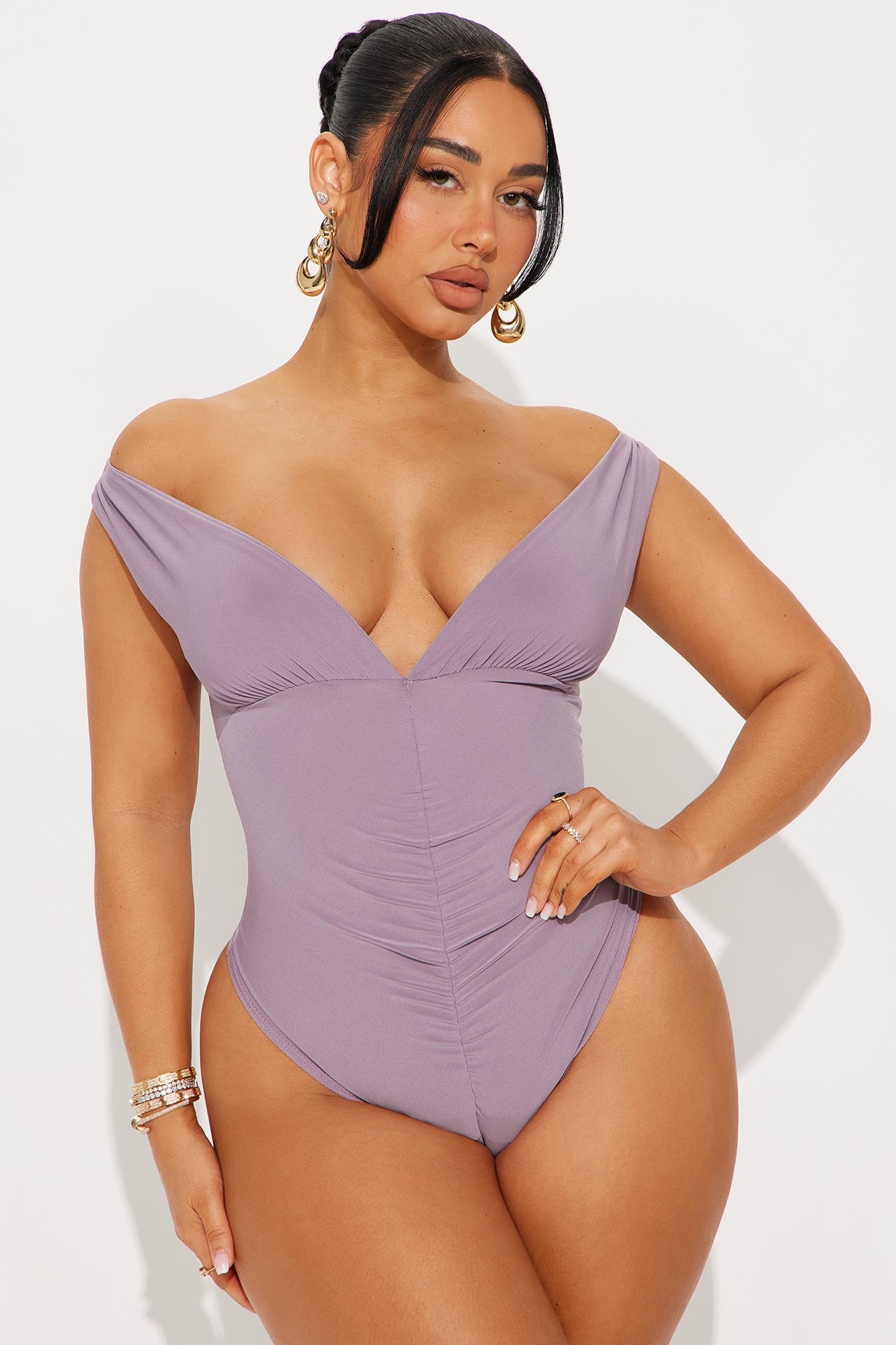 Evalina Off Shoulder V-Neck Ruched Bodysuit