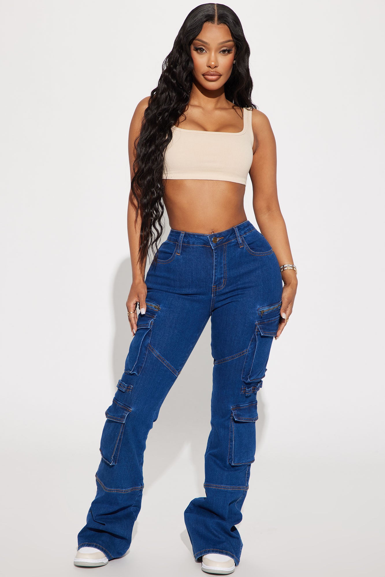 Warning You Mid Rise Stretch Flare Cargo Jean