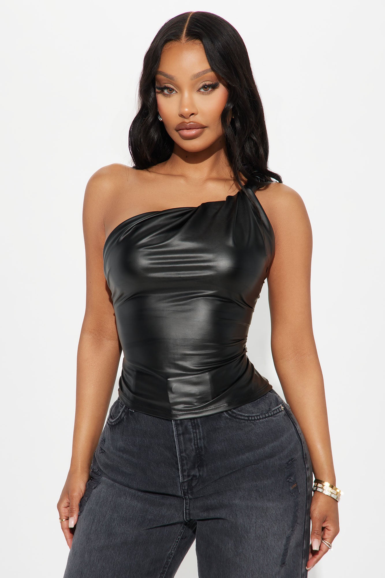 Fable Faux Leather One Shoulder Top