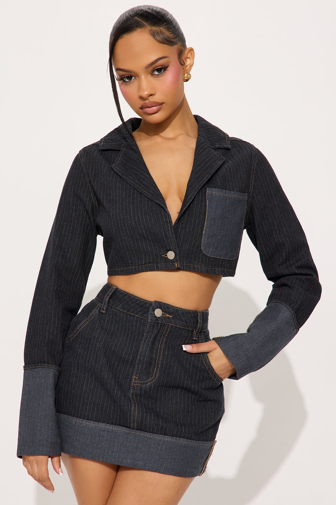 Nour Pinstripe Cuffed Cropped Denim Blazer