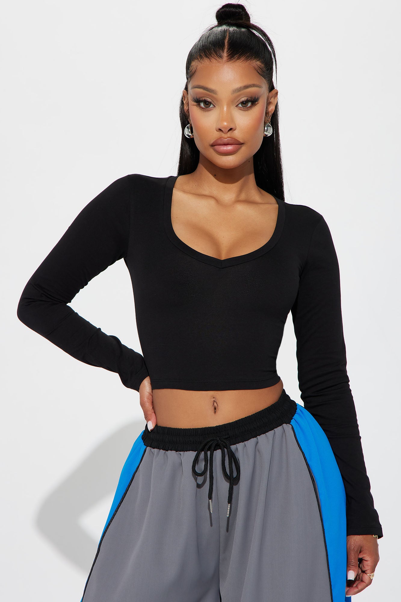 Carly V Neck Crop Long Sleeve Tee