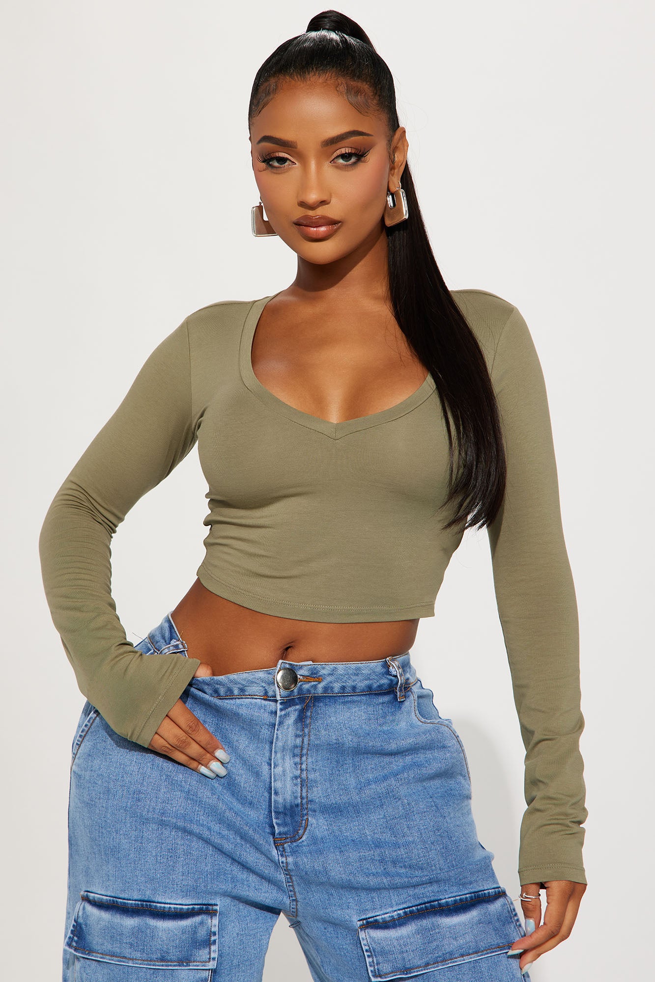 Carly V Neck Crop Long Sleeve Tee