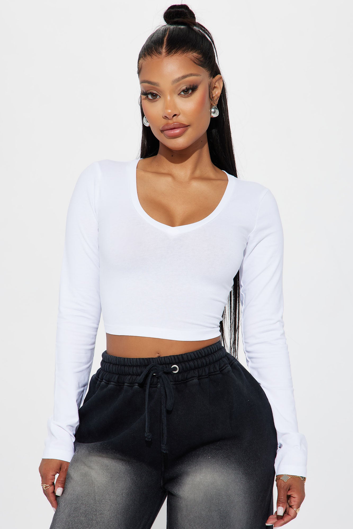 Carly V Neck Crop Long Sleeve Tee
