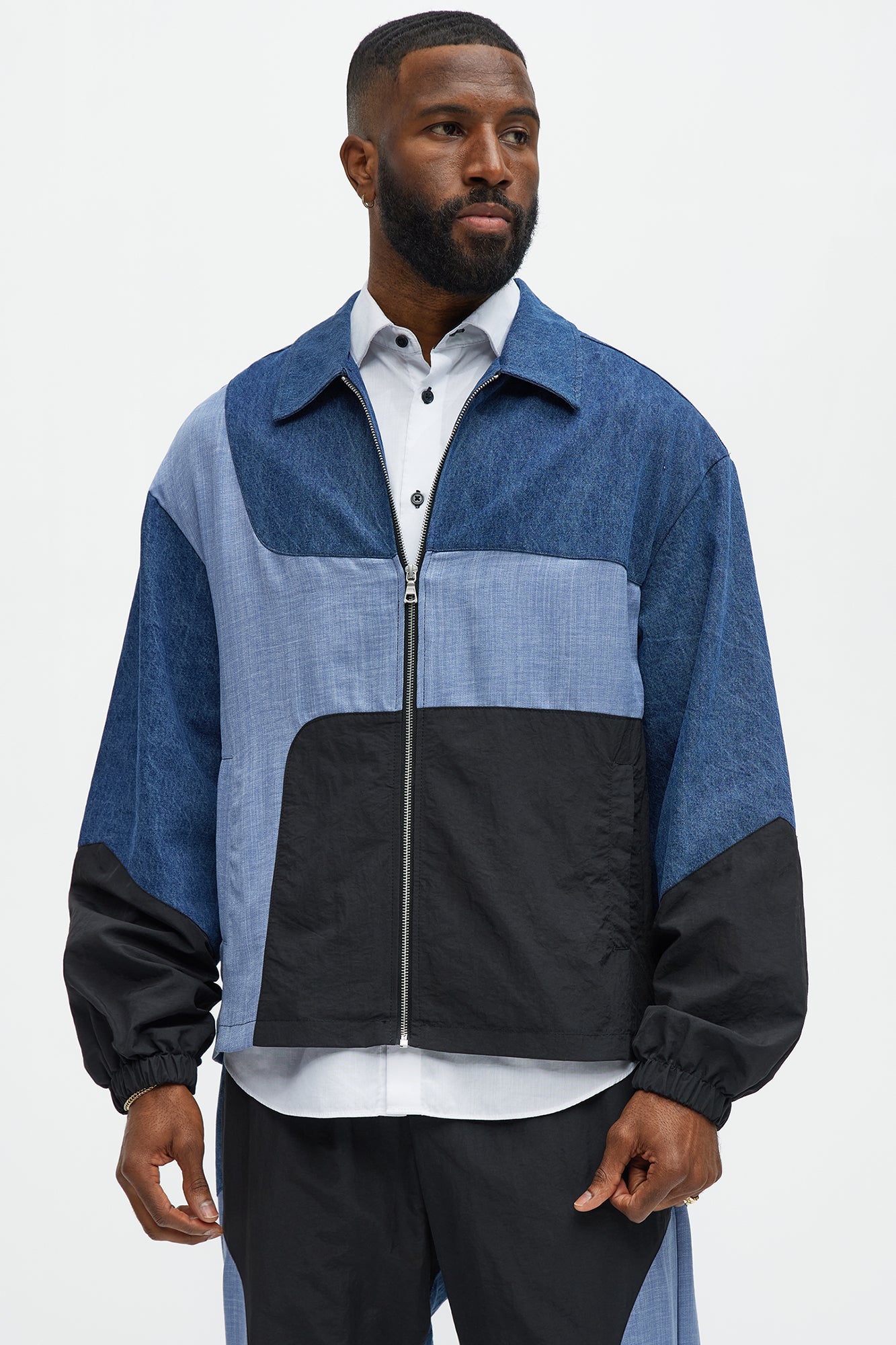Color Block And Denim Track Jacket