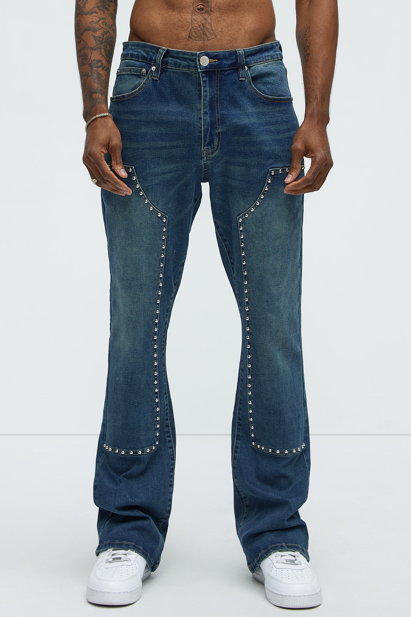Rivetting Studded Stacked Slim Flare Jeans