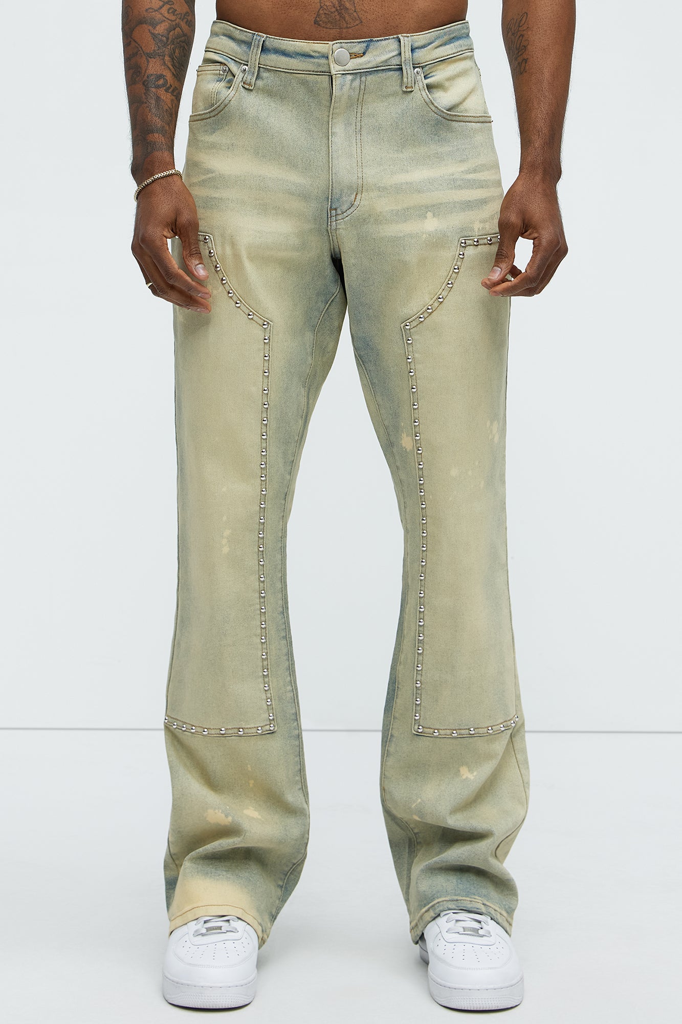 Rivetting Studded Stacked Slim Flare Jeans