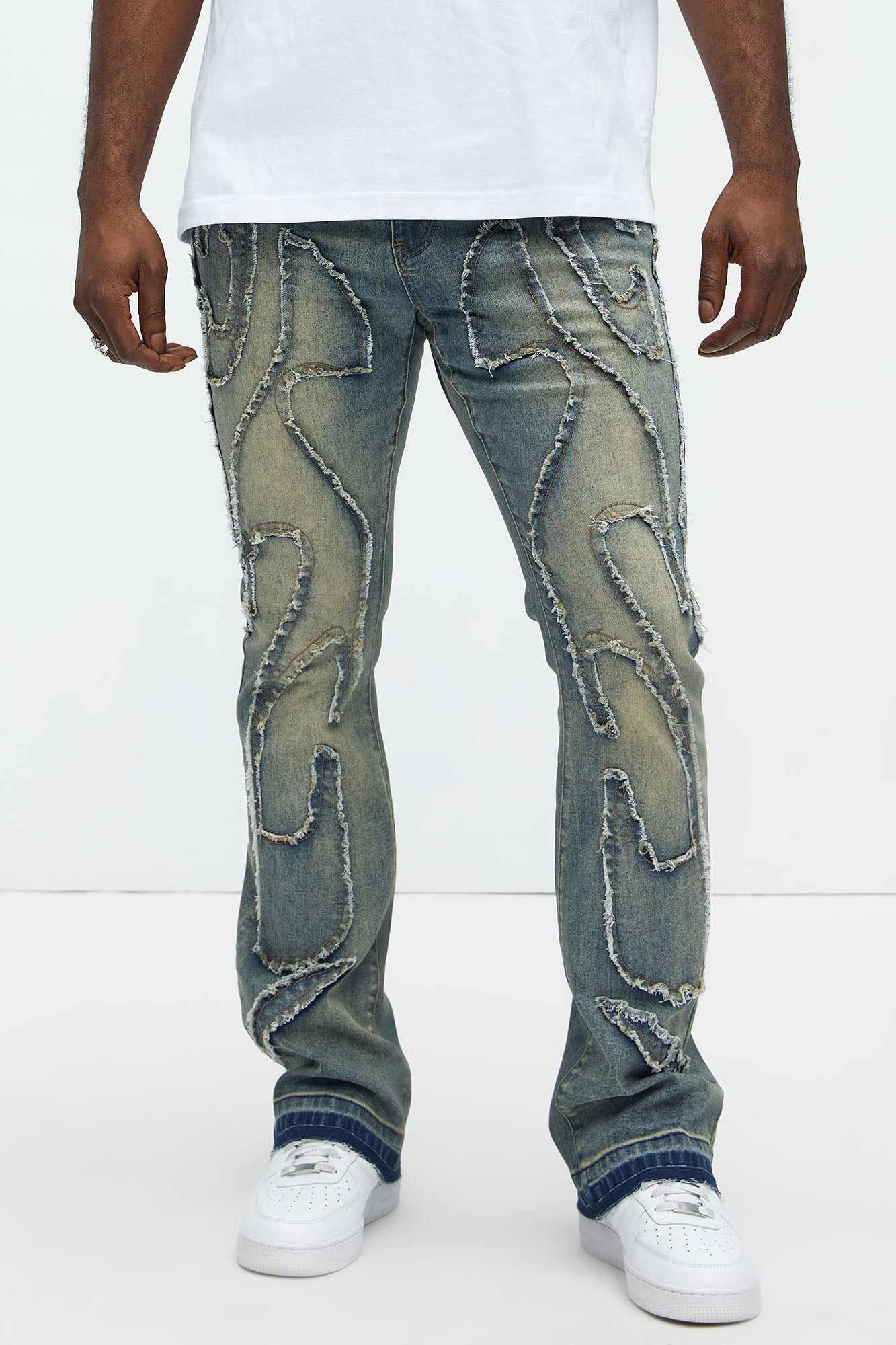 Flame Frayed Patch Stacked Skinny Flare Jeans