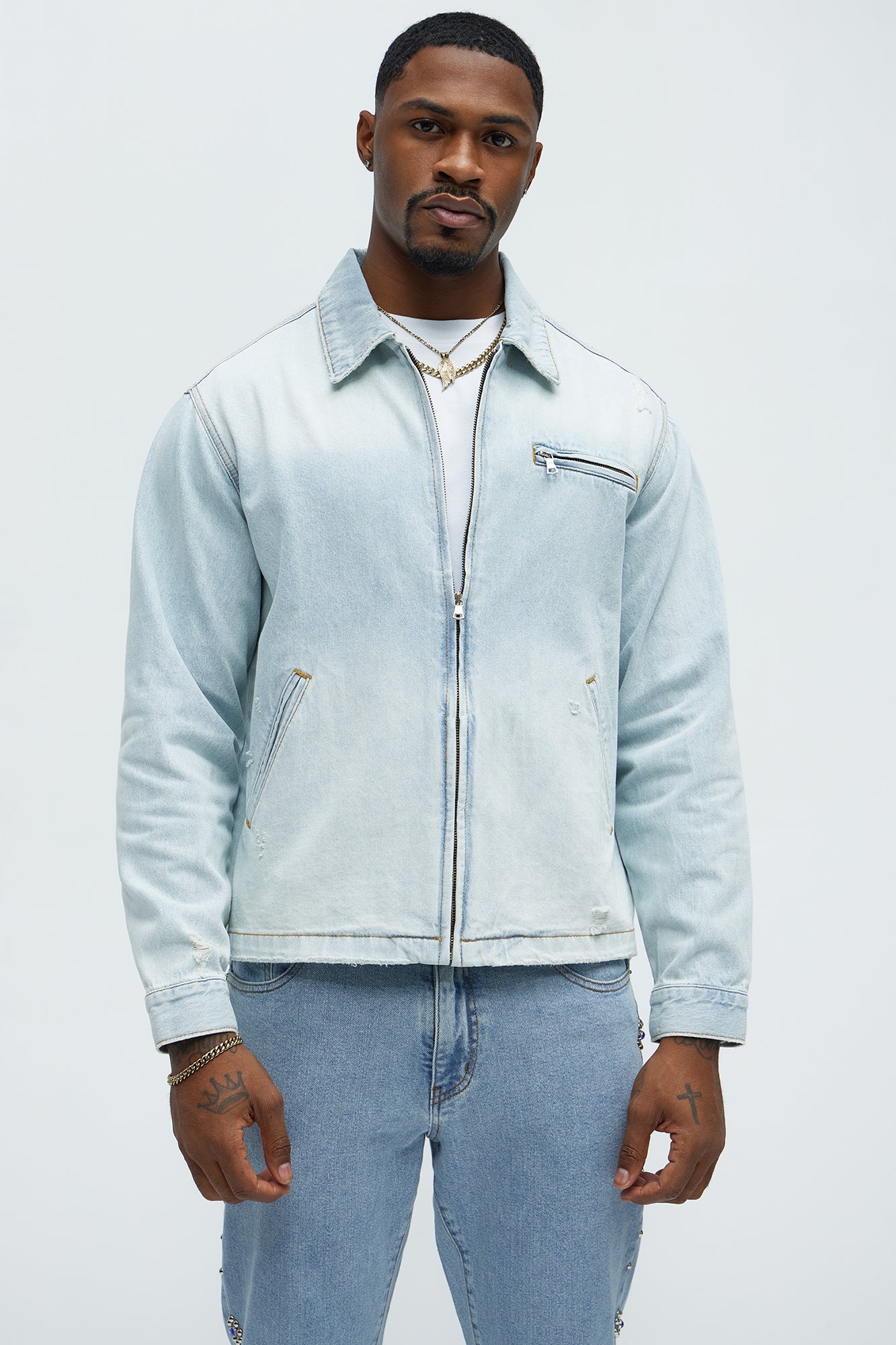 Distressed Zip Denim Jacket