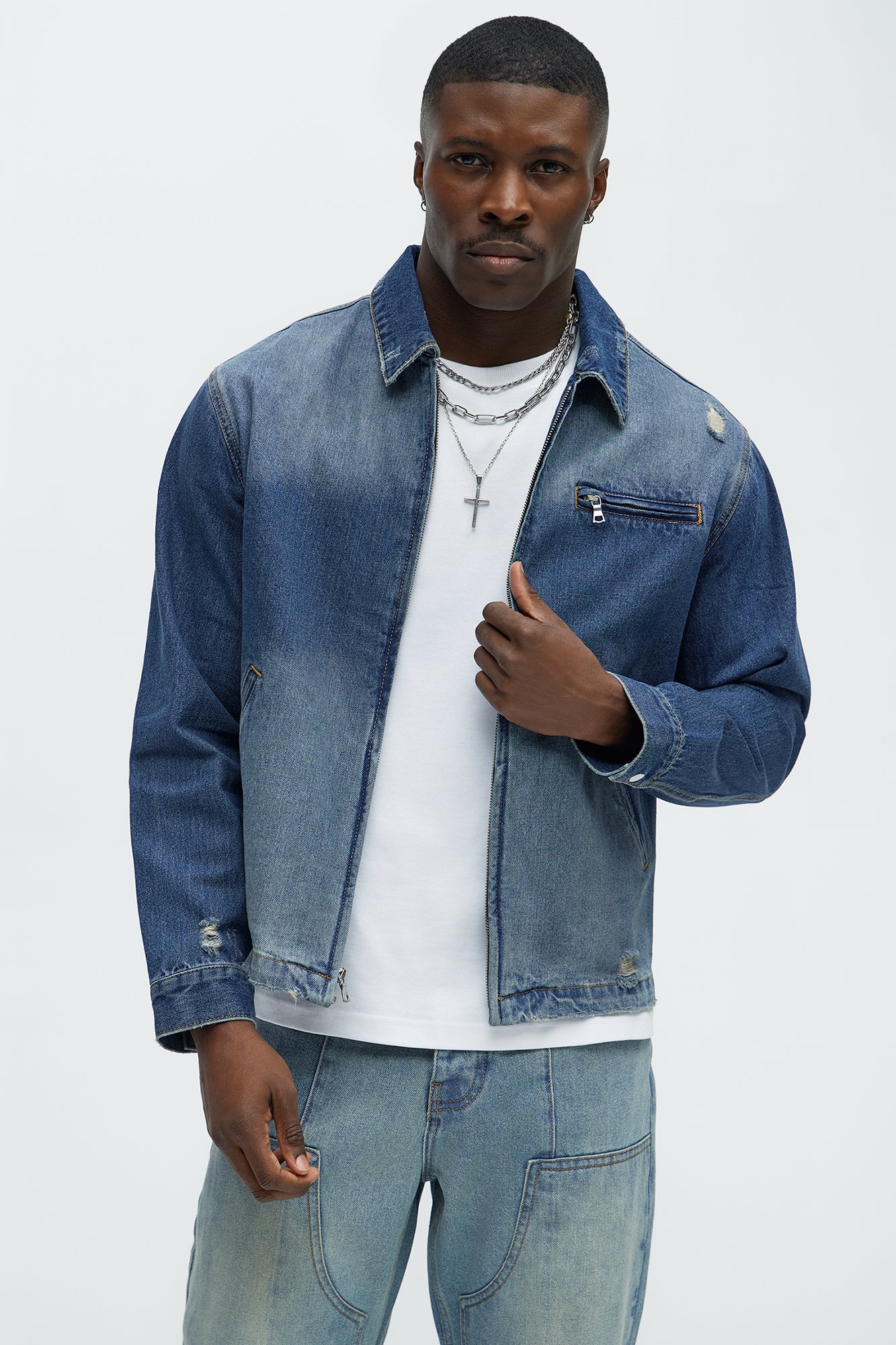 Distressed Zip Denim Jacket