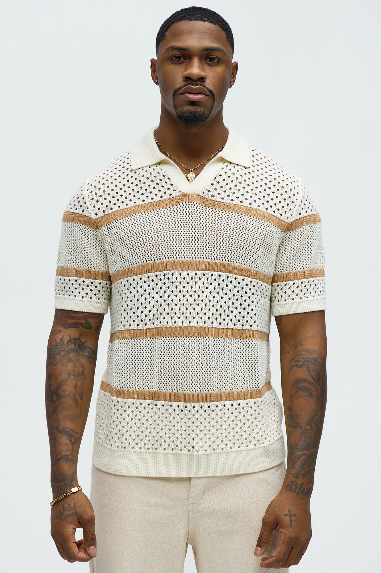 Mixed Texture Knitted Johnny Collar Shirt