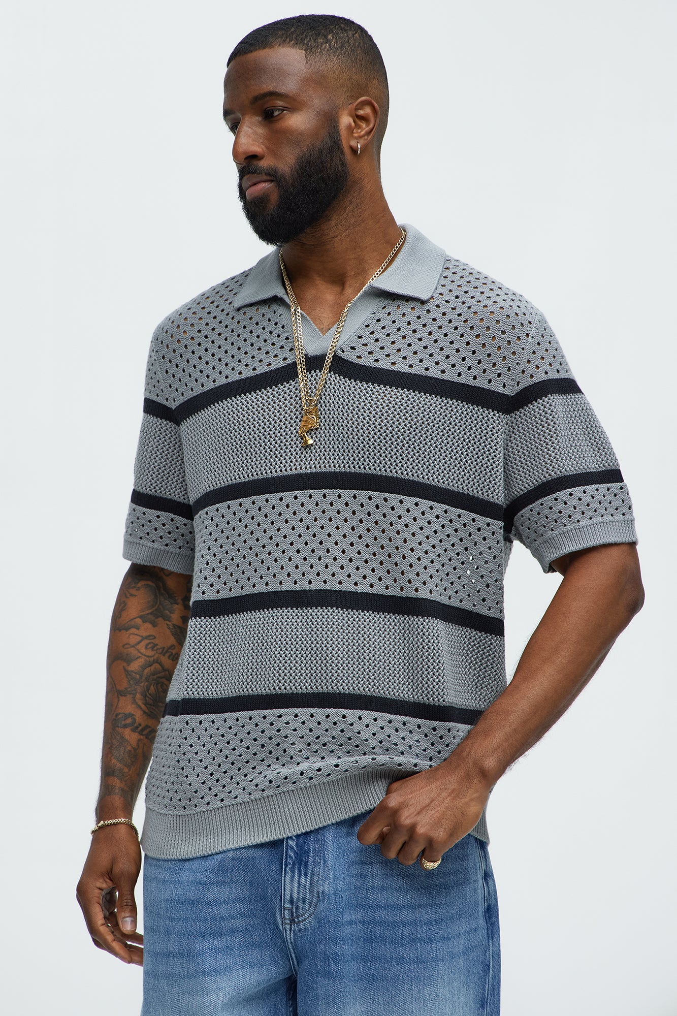 Mixed Texture Knitted Johnny Collar Shirt