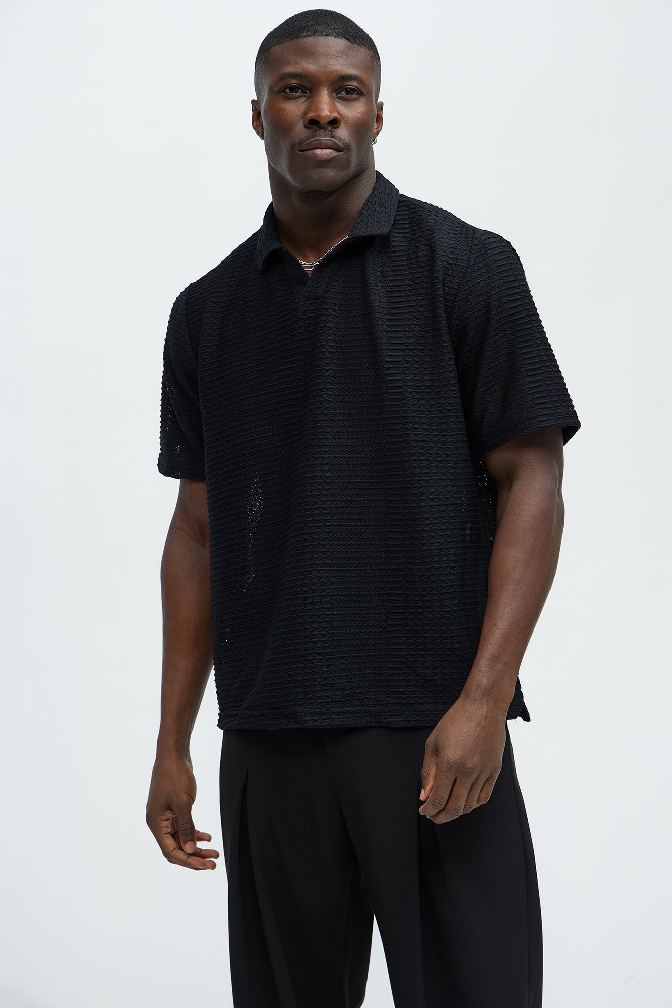 Clay Wavy Open Knit Johnny Collar Shirt