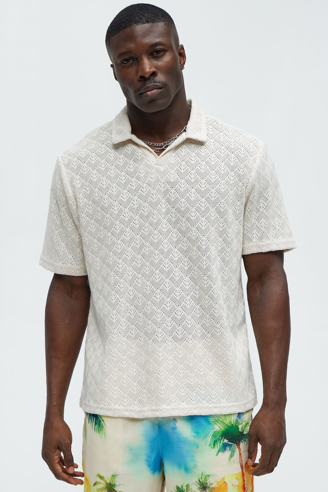 Diamond Shape Knit Johnny Collar Shirt
