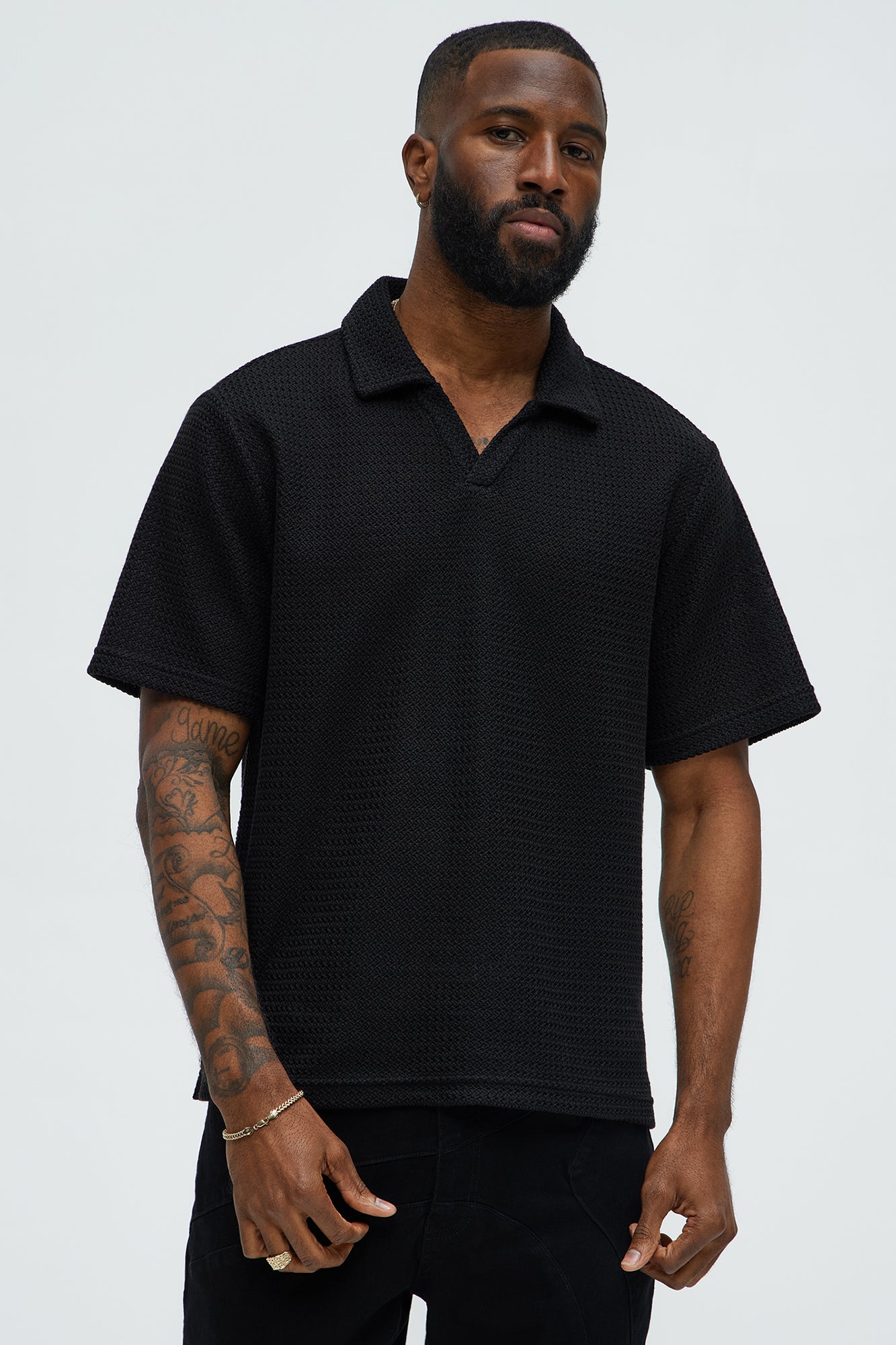 Raffia Texture Knit Johnny Collar Shirt