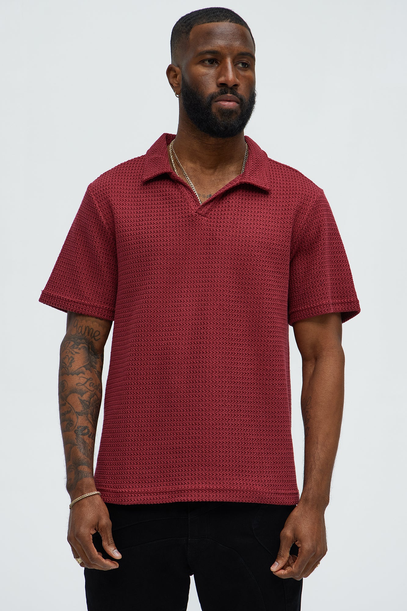 Raffia Texture Knit Johnny Collar Shirt