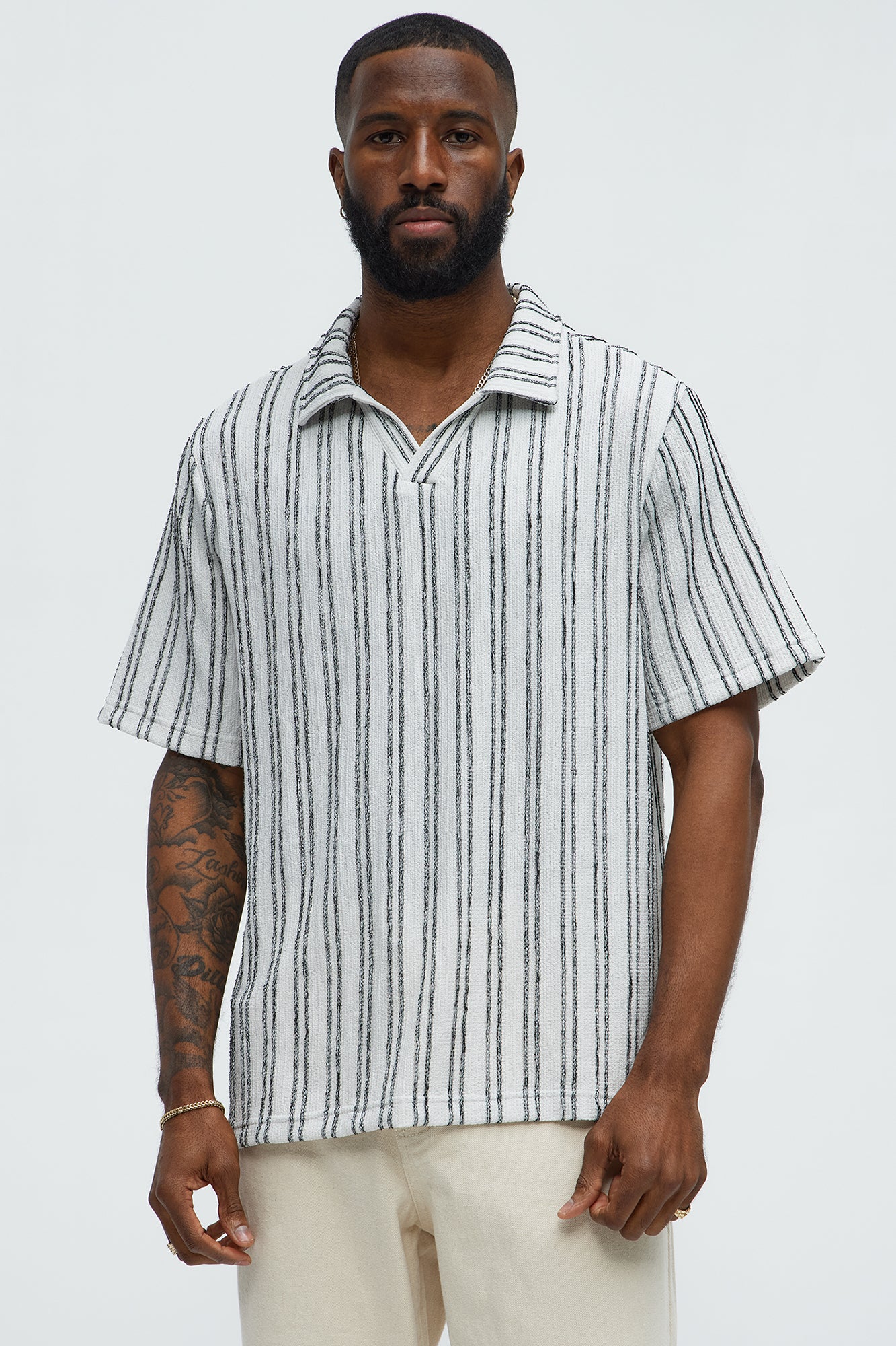 Glenley Texture Stripe Knit Johnny Collar Shirt