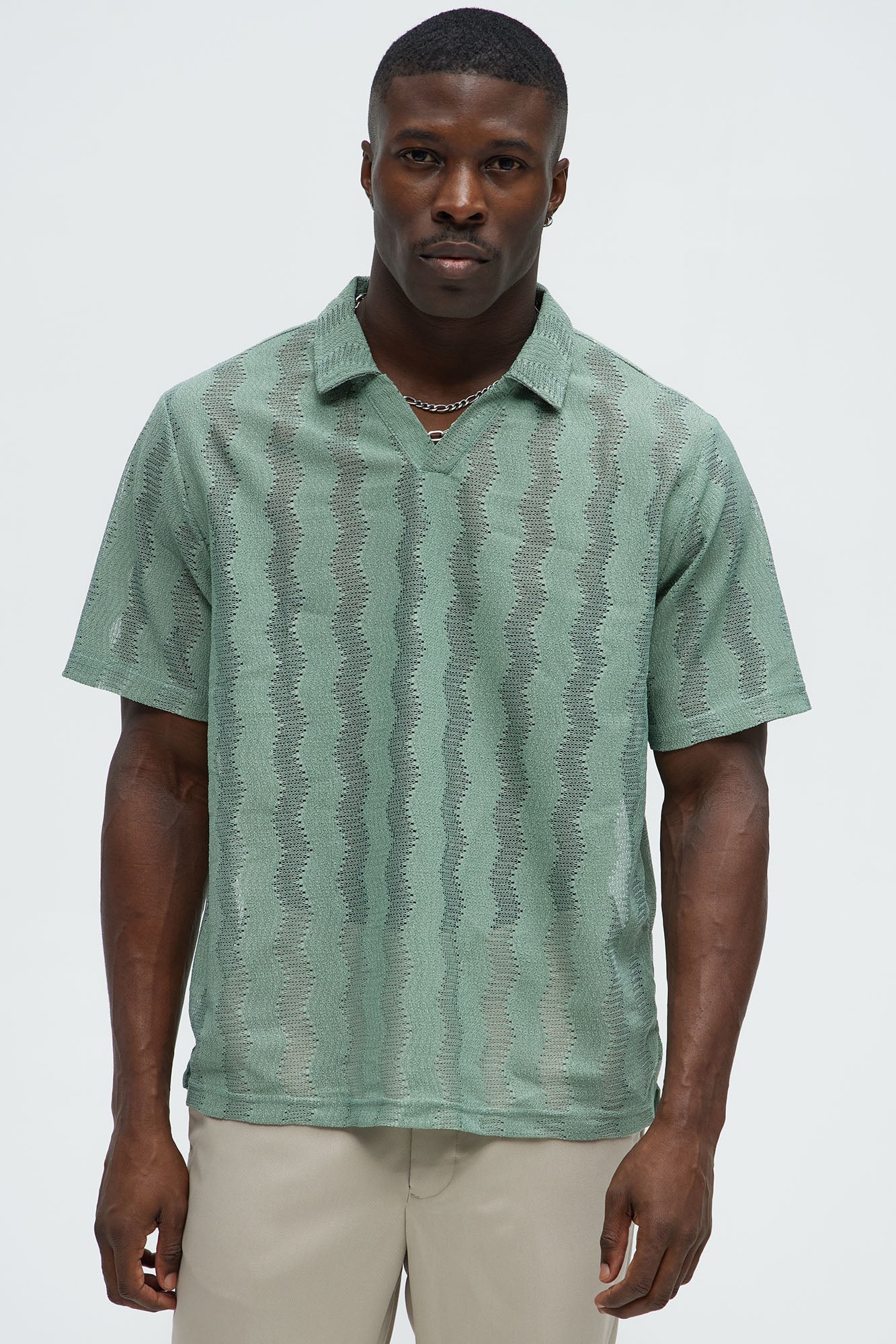 Wavy Crochet Lightweight Johnny Collar Shirt