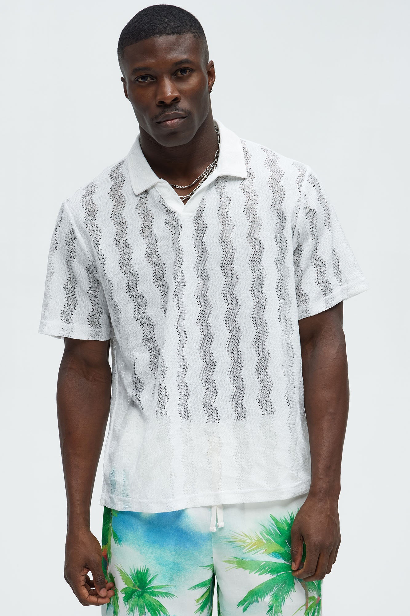 Wavy Crochet Lightweight Johnny Collar Shirt