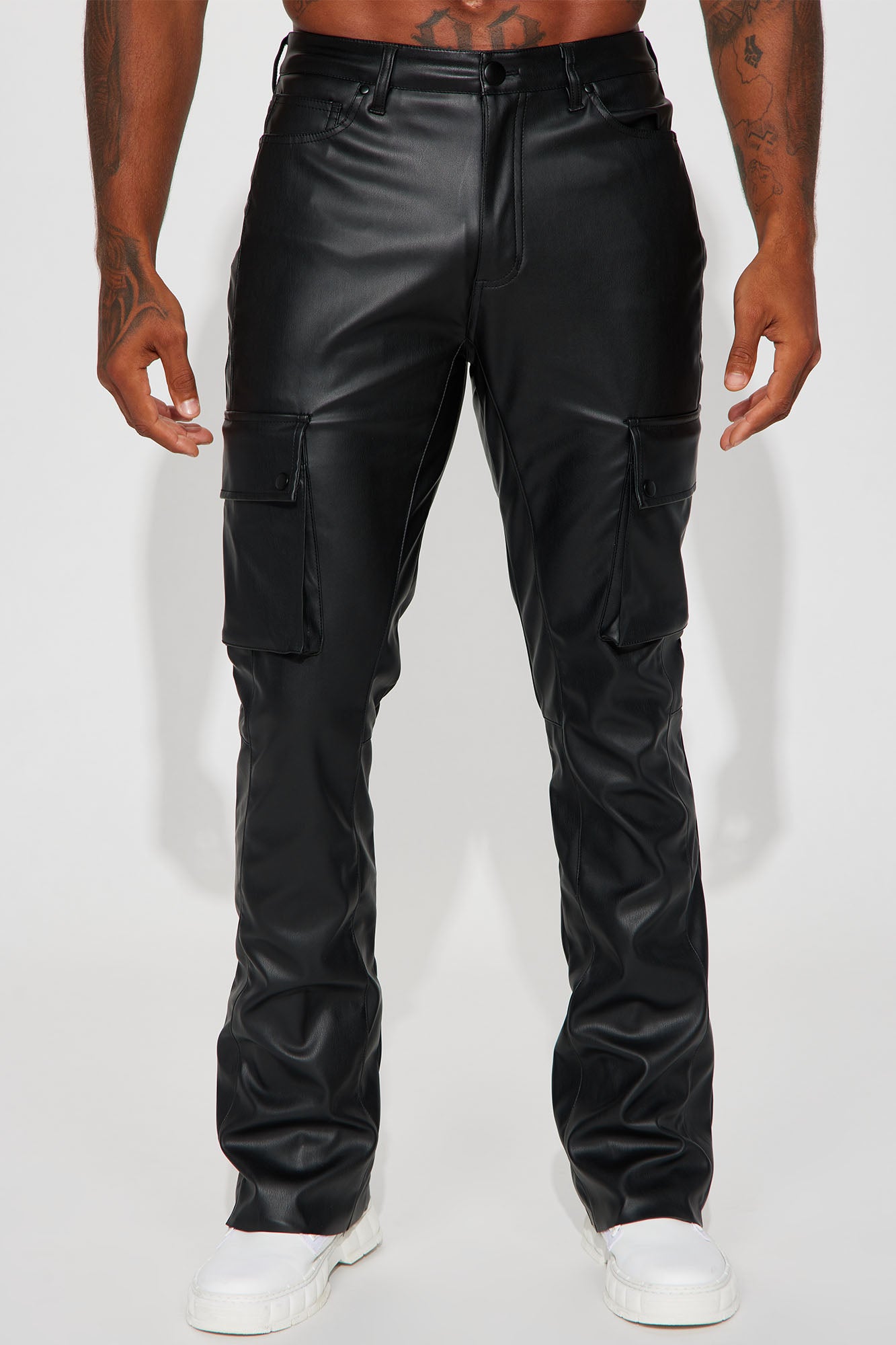 Finest Faux Leather Cargo Slim Flare Pants