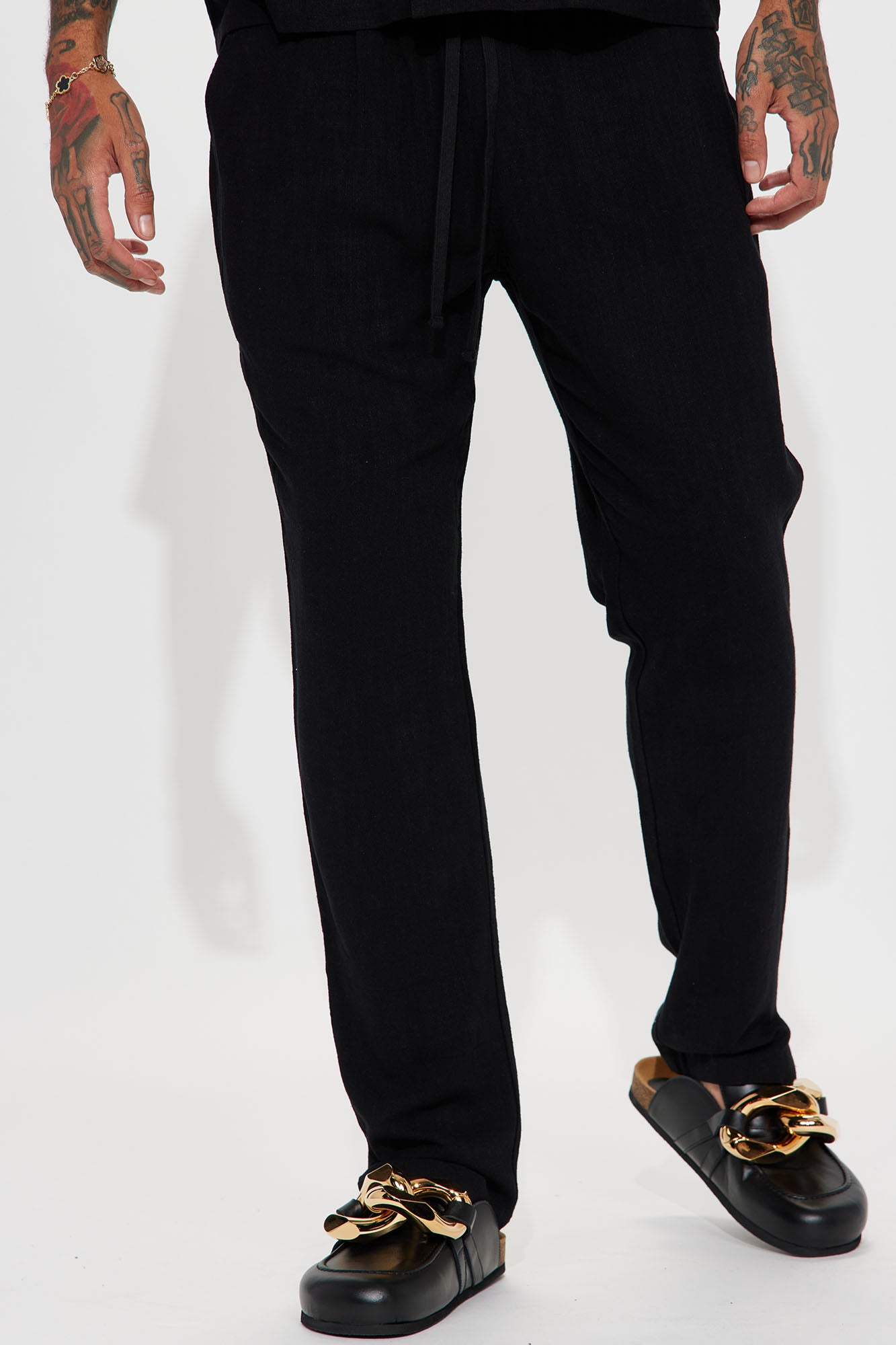 Solid Textured Linen Pull On Side Slit Pants