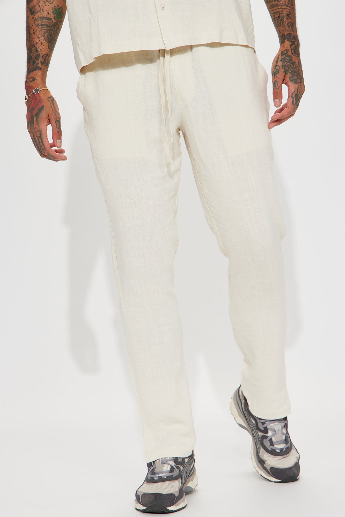 Solid Textured Linen Pull On Side Slit Pants
