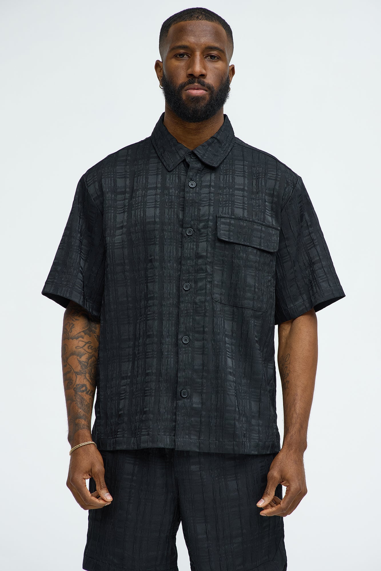 Plaid Crinkle Closed Collar Shirt