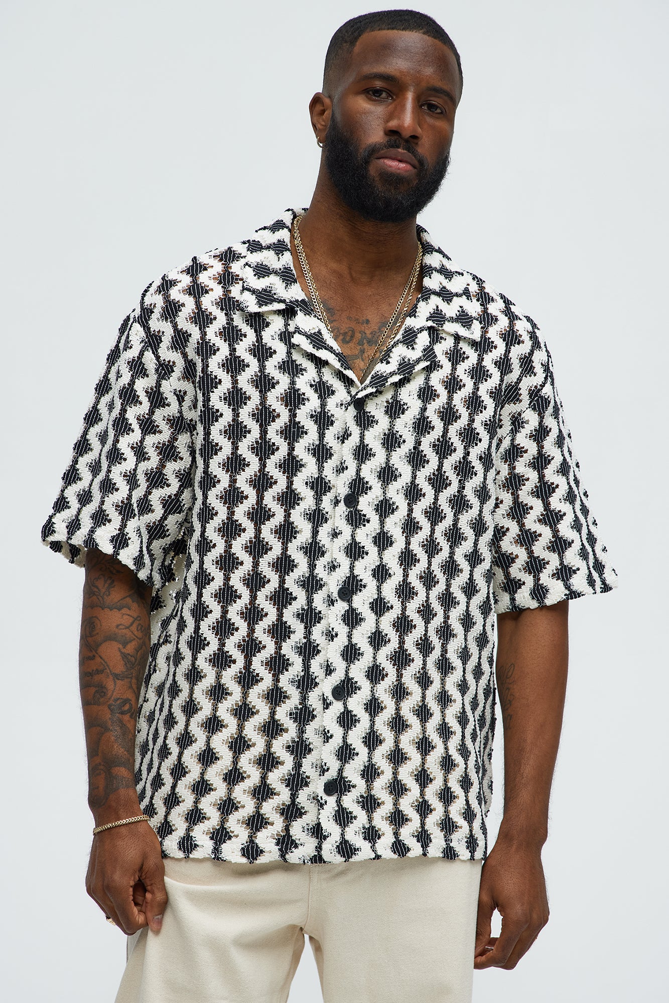 Open Diamond Collared Crochet Shirt
