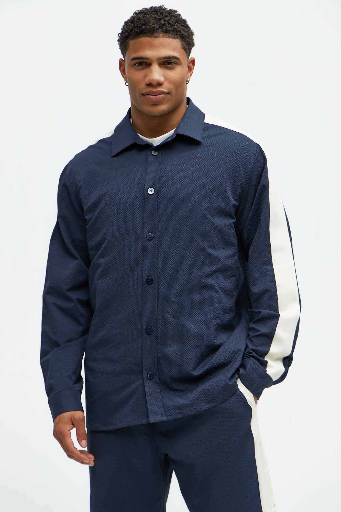 Crinkle Texture Taped Button Up