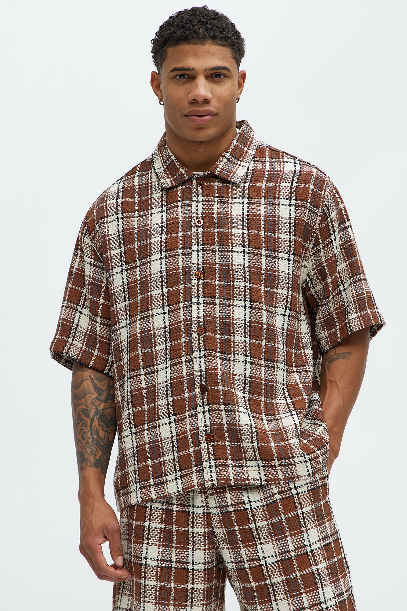 Plaid Basket Weave Cropped Button Up Shirt