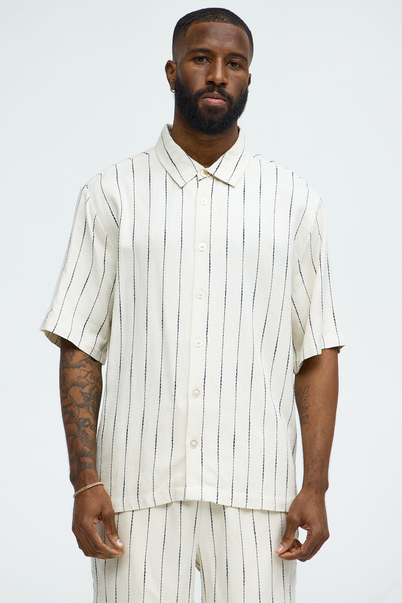 Slub Striped Linen Short Sleeve Button Up