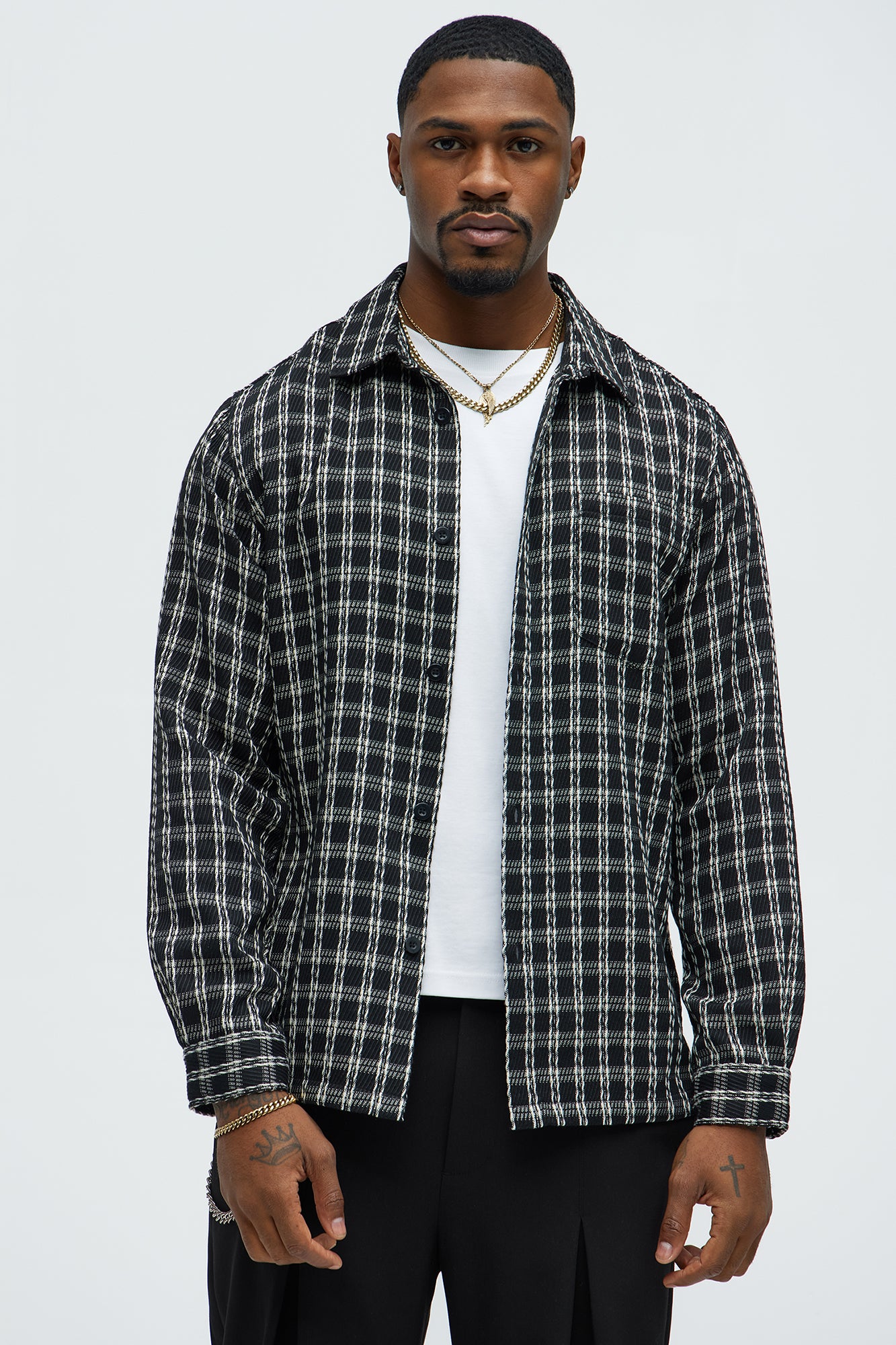 Jacquard Twill Plaid Long Sleeve Button Up